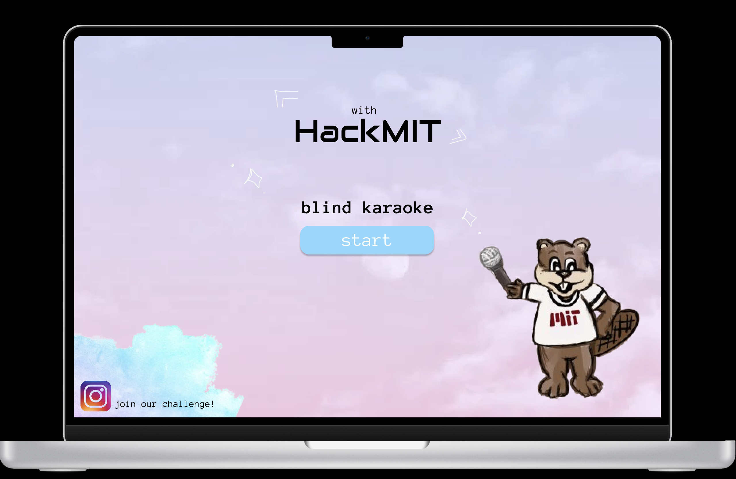 Blind Karaoke app start screen with HackMIT branding and mascot