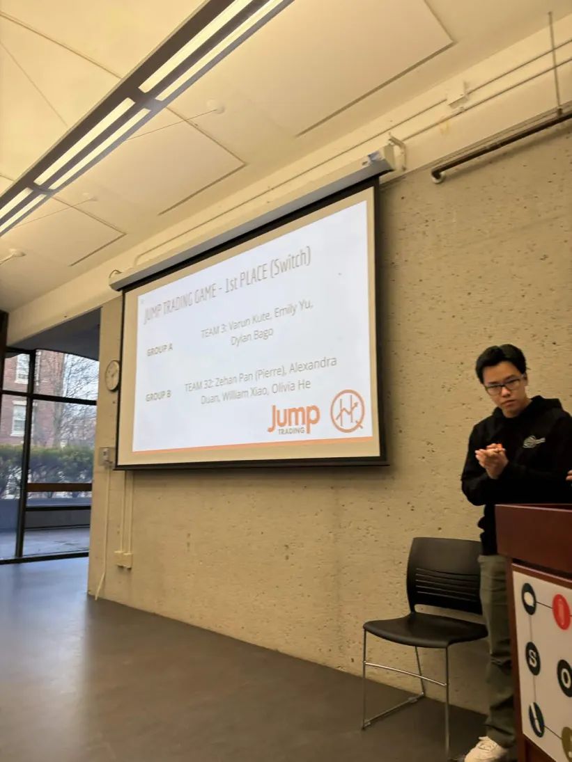 Jump Trading game first-place slide listing Dylan Bago's team