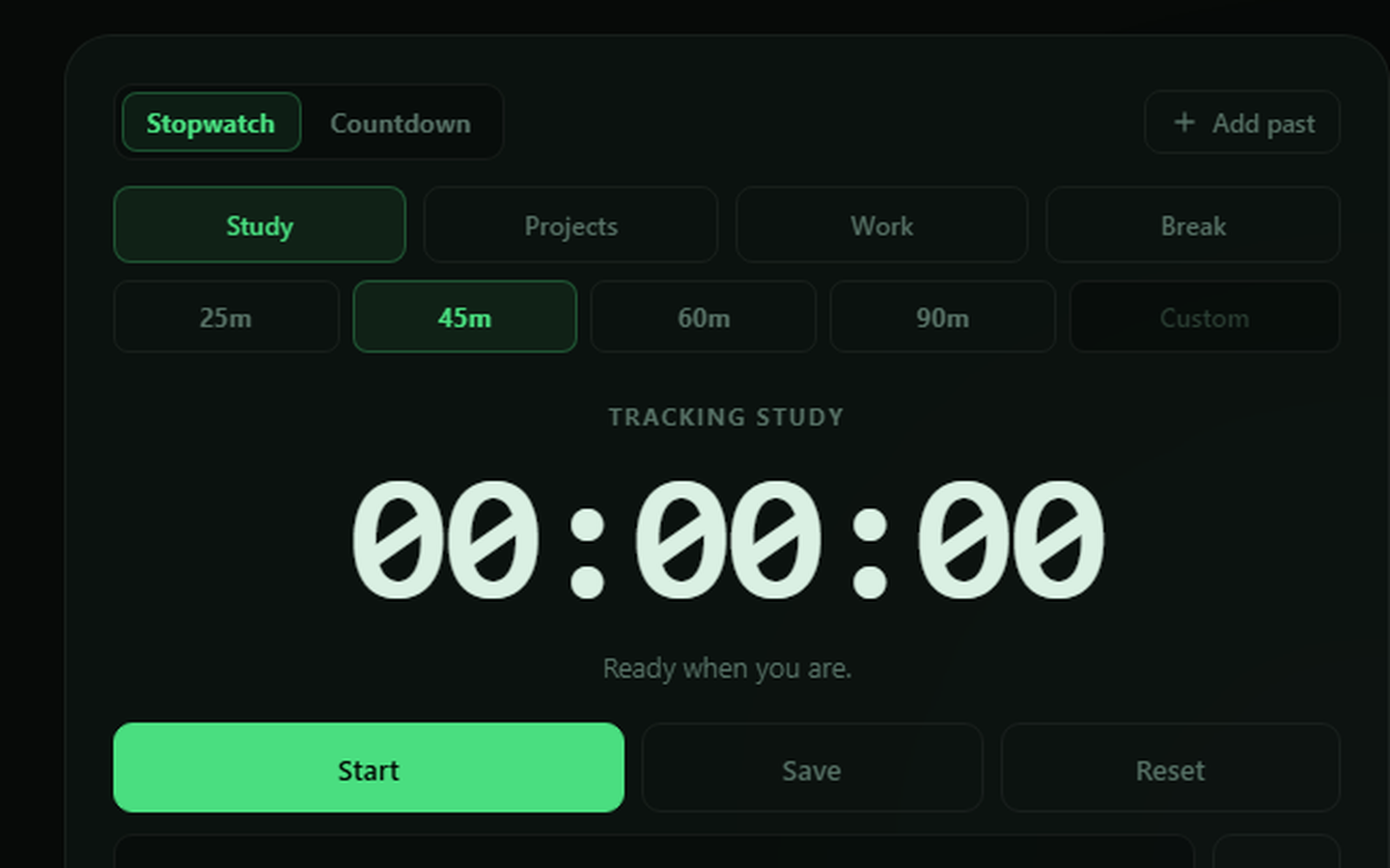Aevon focus tracker interface with timer and daily review panels
