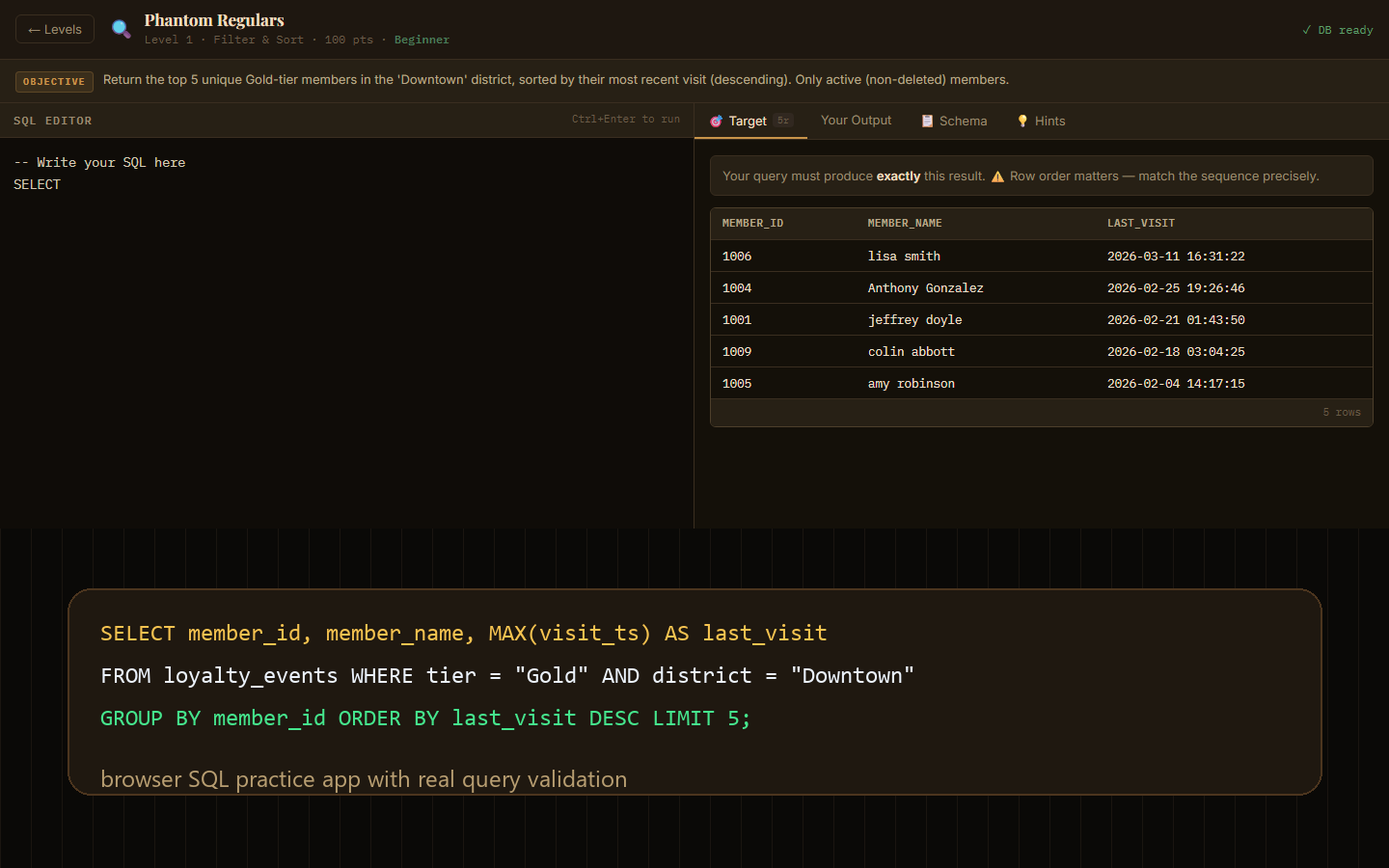 SQL Excavator challenge editor with target query output table